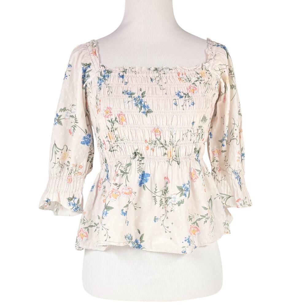 SAYLOR Clover Floral Smocked Peplum Ruffle-Sleeve Top Blush Pink Size S